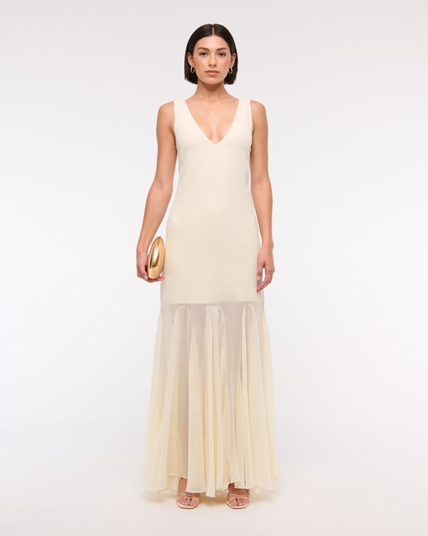 Plunge Godet Skirt Maxi Dress, Warm Beige