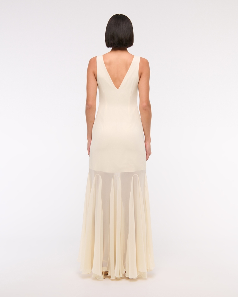 Plunge Godet Skirt Maxi Dress