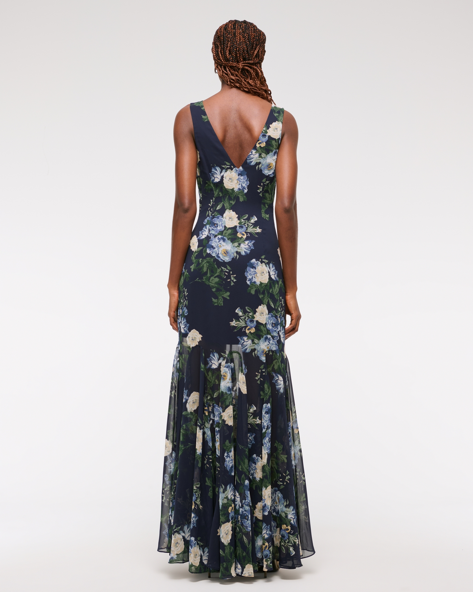 Plunge Godet Skirt Maxi Dress