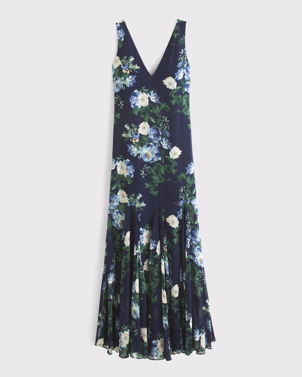 Plunge Godet Skirt Maxi Dress, Dark Indigo Floral