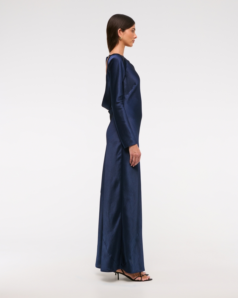 Long-Sleeve Cowl Back Slip Maxi Dress