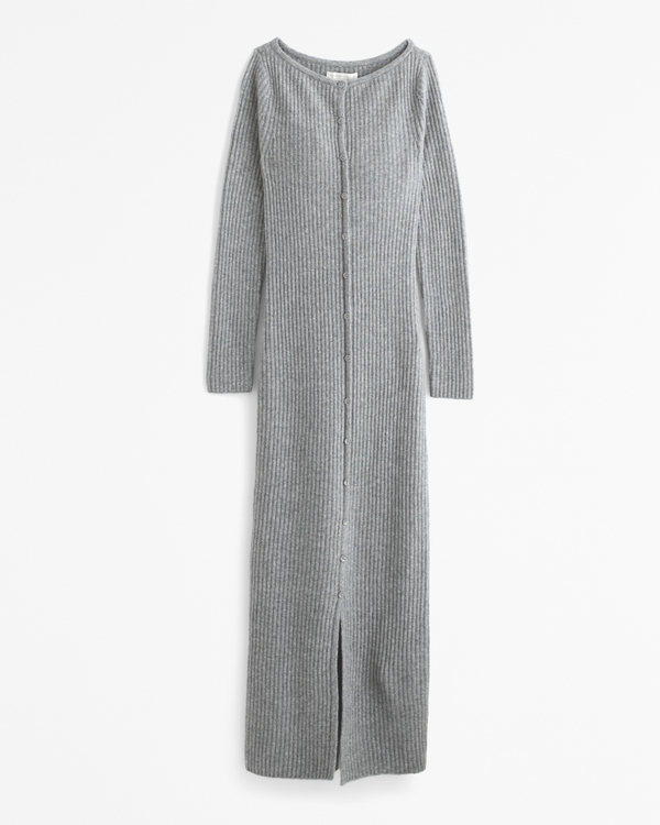 Long-Sleeve Button-Through Maxi Sweater Dress, Gray