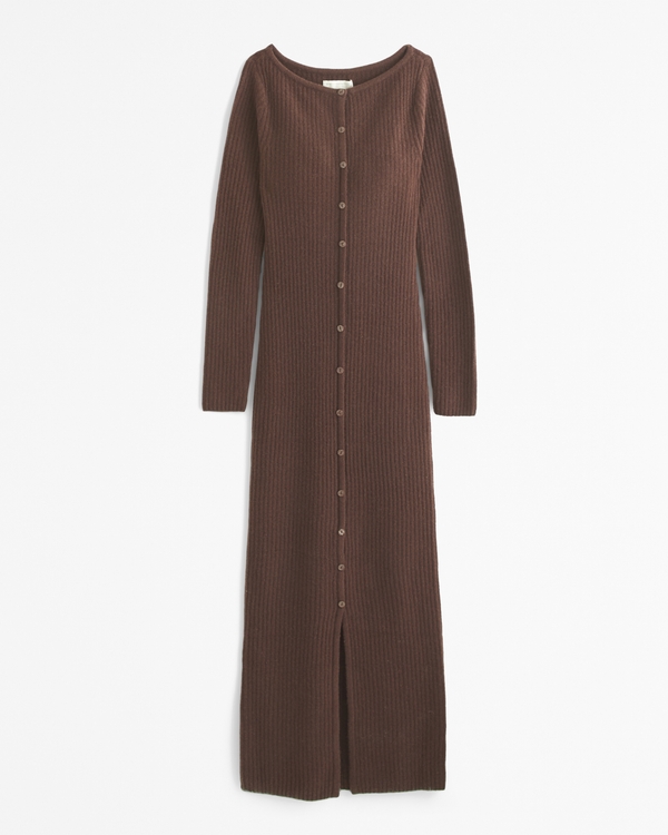 Long-Sleeve Button-Through Maxi Sweater Dress, Brown