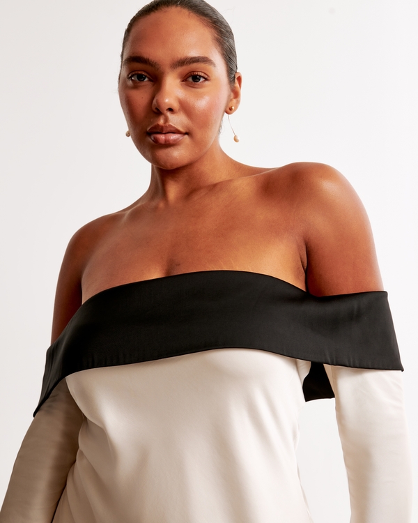 Long-Sleeve Off-The-Shoulder Satin Mini Dress