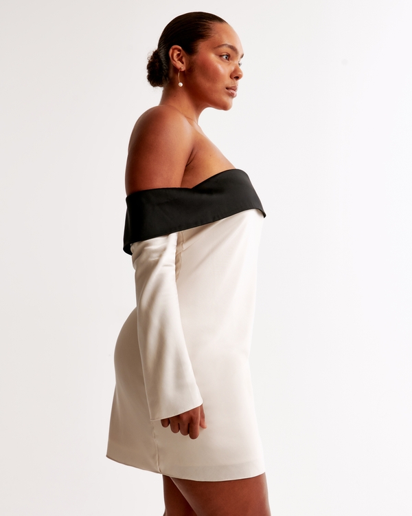 Long-Sleeve Off-The-Shoulder Satin Mini Dress