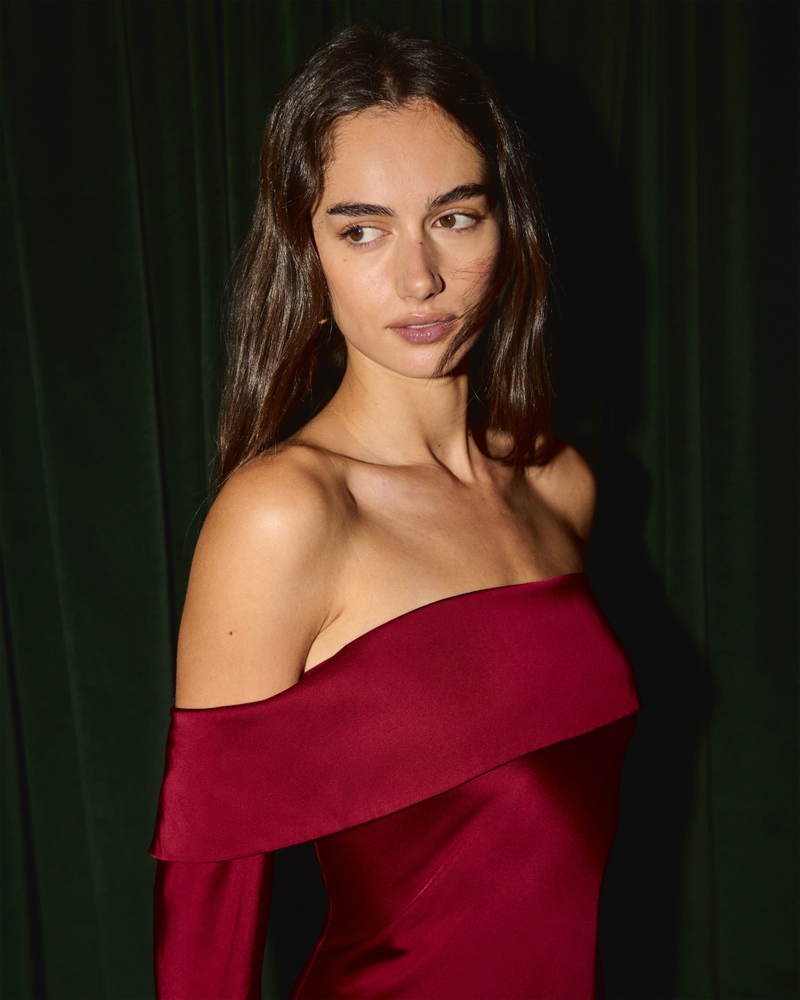 Long-Sleeve Off-The-Shoulder Satin Mini Dress