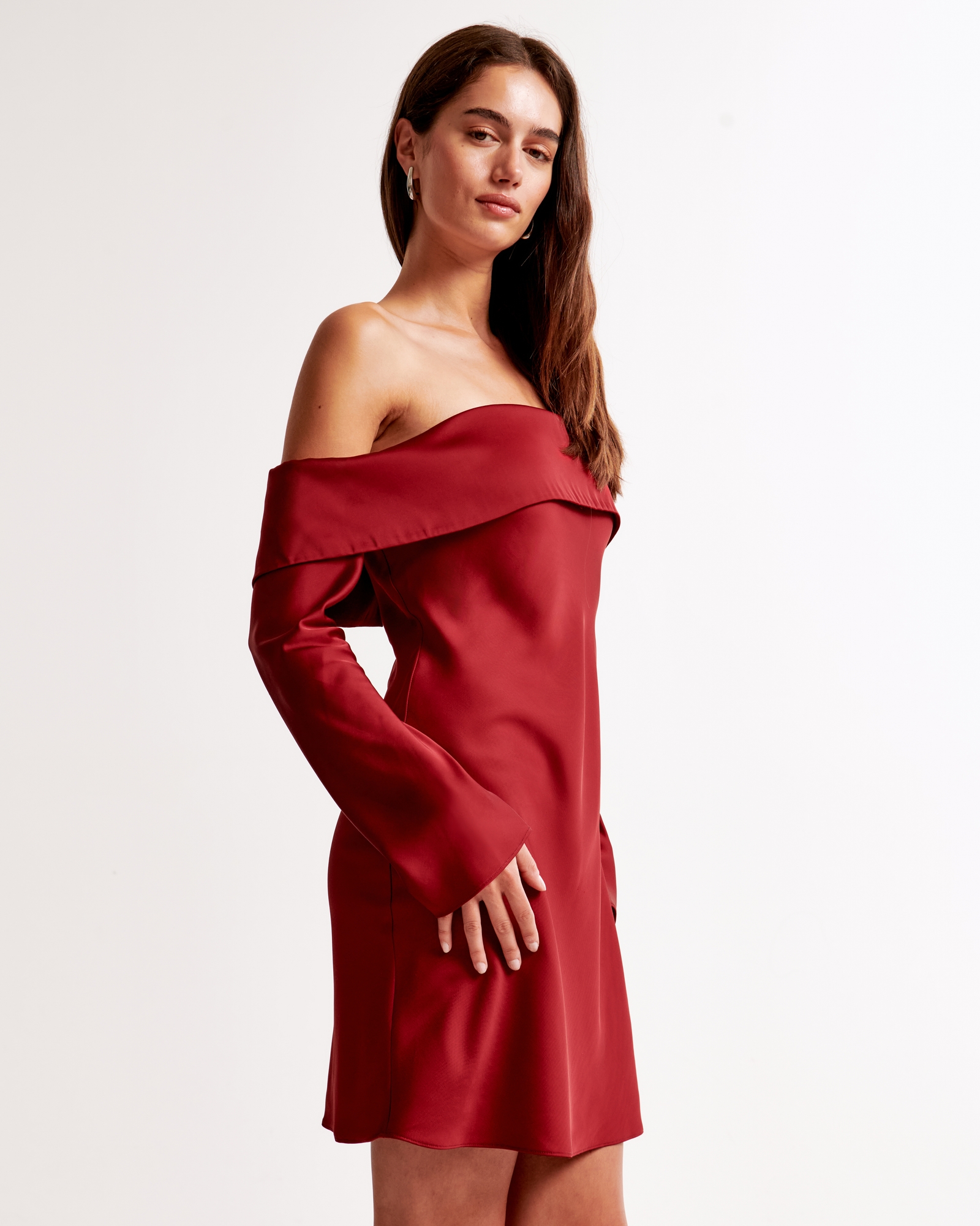Long-Sleeve Off-The-Shoulder Satin Mini Dress