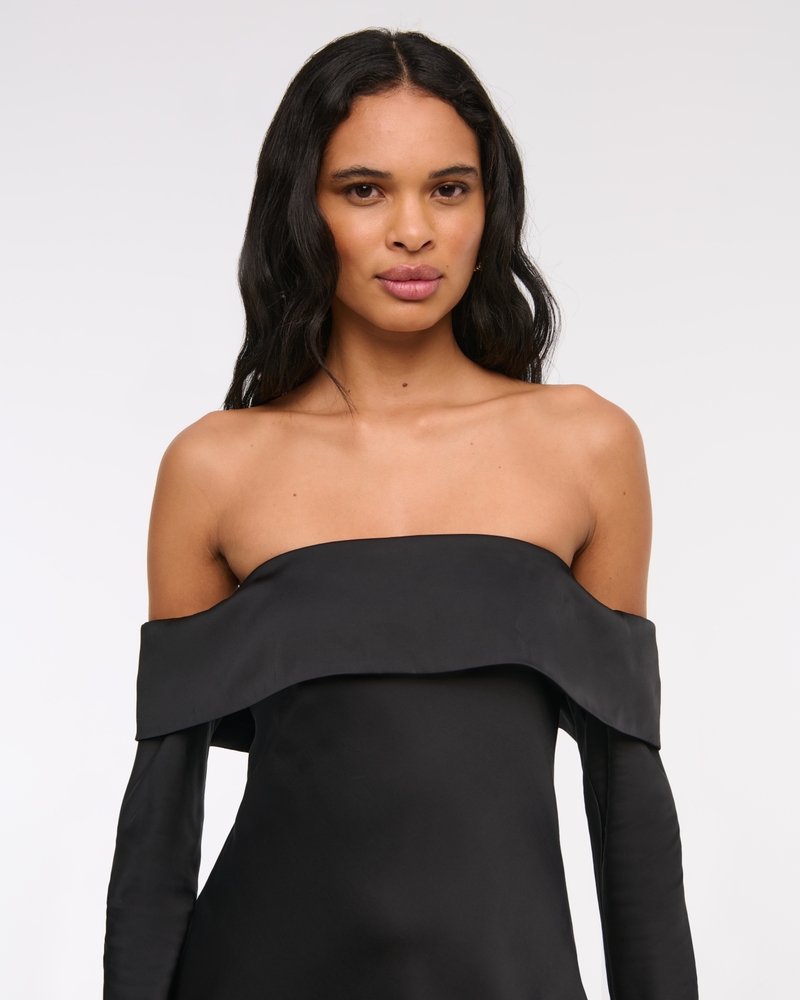 Long-Sleeve Off-The-Shoulder Satin Mini Dress