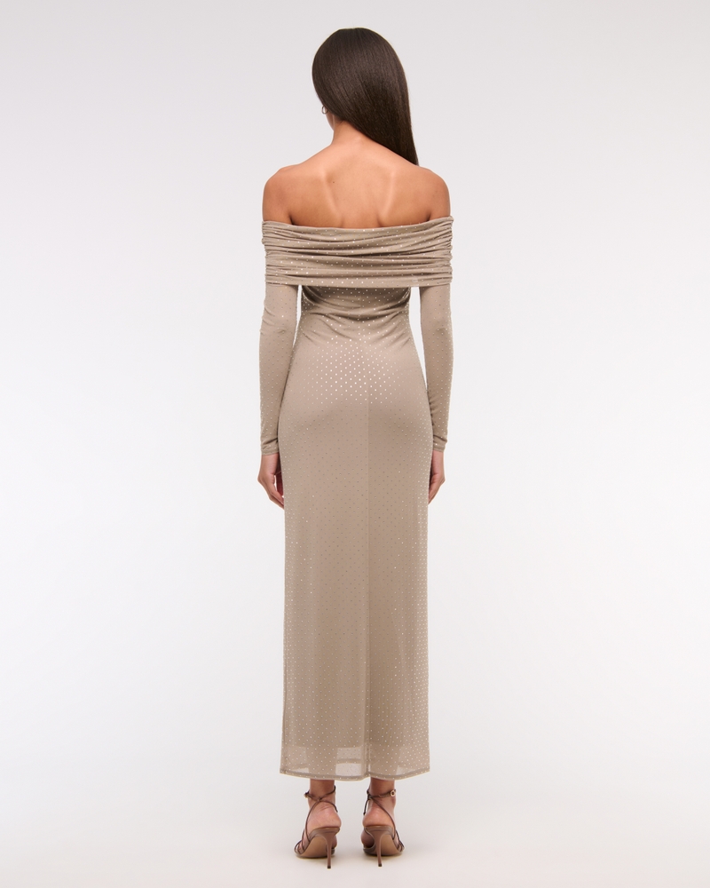Off-The-Shoulder Rhinestone Midi Dress