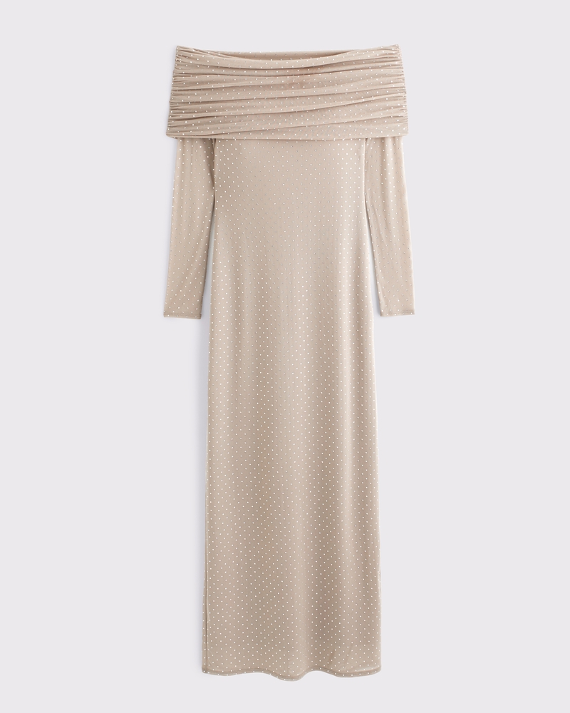Off-The-Shoulder Rhinestone Midi Dress