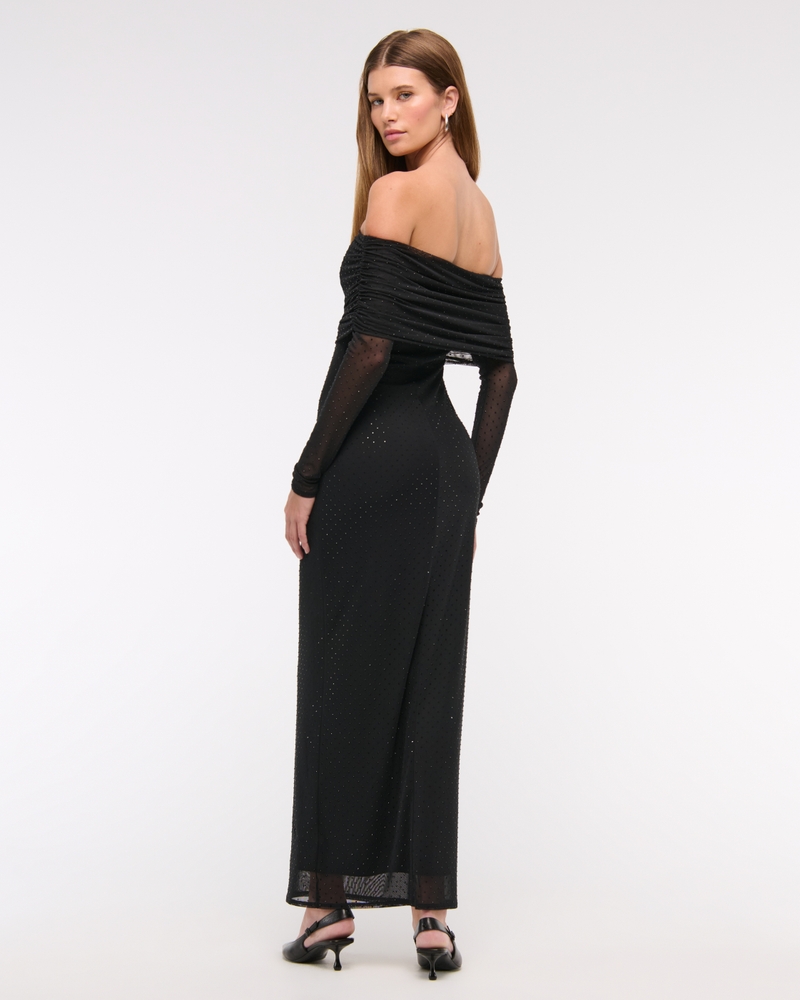 Off-The-Shoulder Rhinestone Midi Dress