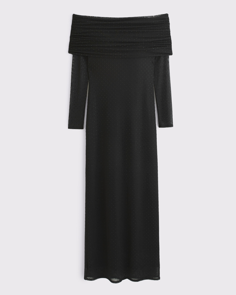 Off-The-Shoulder Rhinestone Midi Dress
