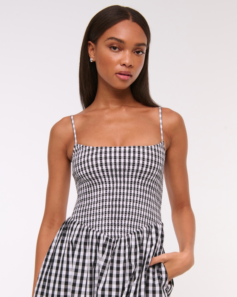 Dipped-Waist Smocked Midi Dress