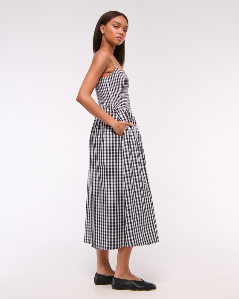 Dipped-Waist Smocked Midi Dress