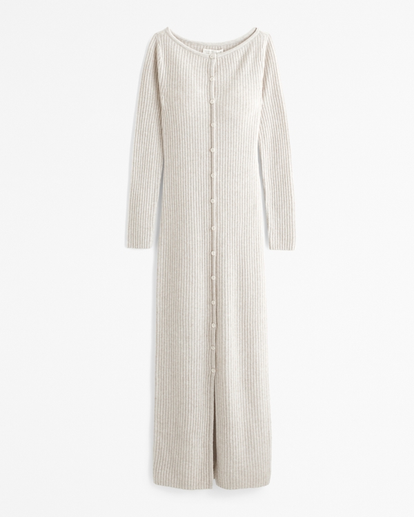 Long-Sleeve Button-Through Maxi Sweater Dress, Warm Beige