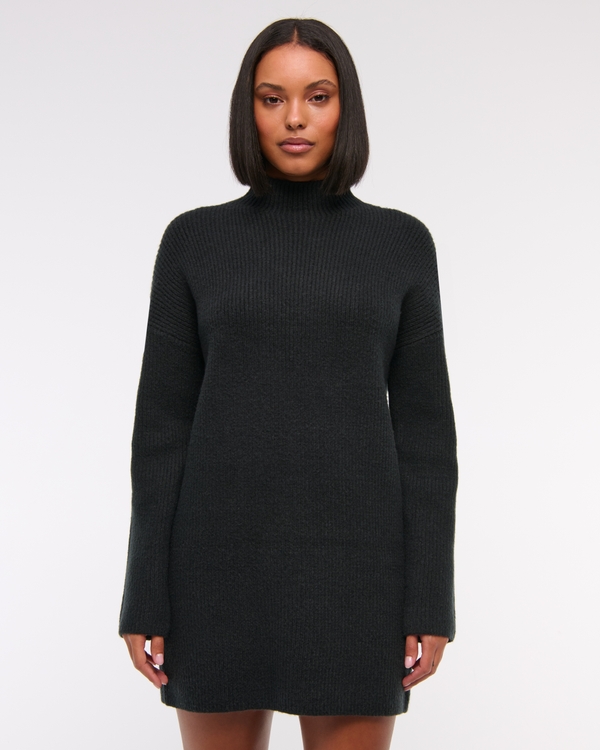 Easy Mockneck Mini Sweater Dress, Black