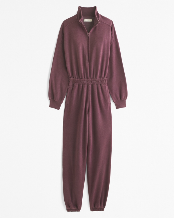 Long-Sleeve Half-Zip Fleece Jumpsuit, Burgundy