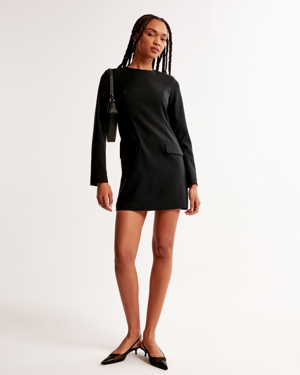 Long-Sleeve Tailored Mini Dress, Black