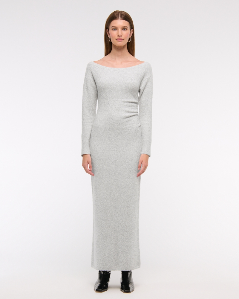Off-The-Shoulder Boucle Midi Sweater Dress