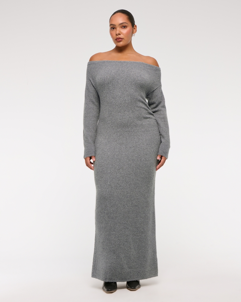 Off-The-Shoulder Boucle Midi Sweater Dress