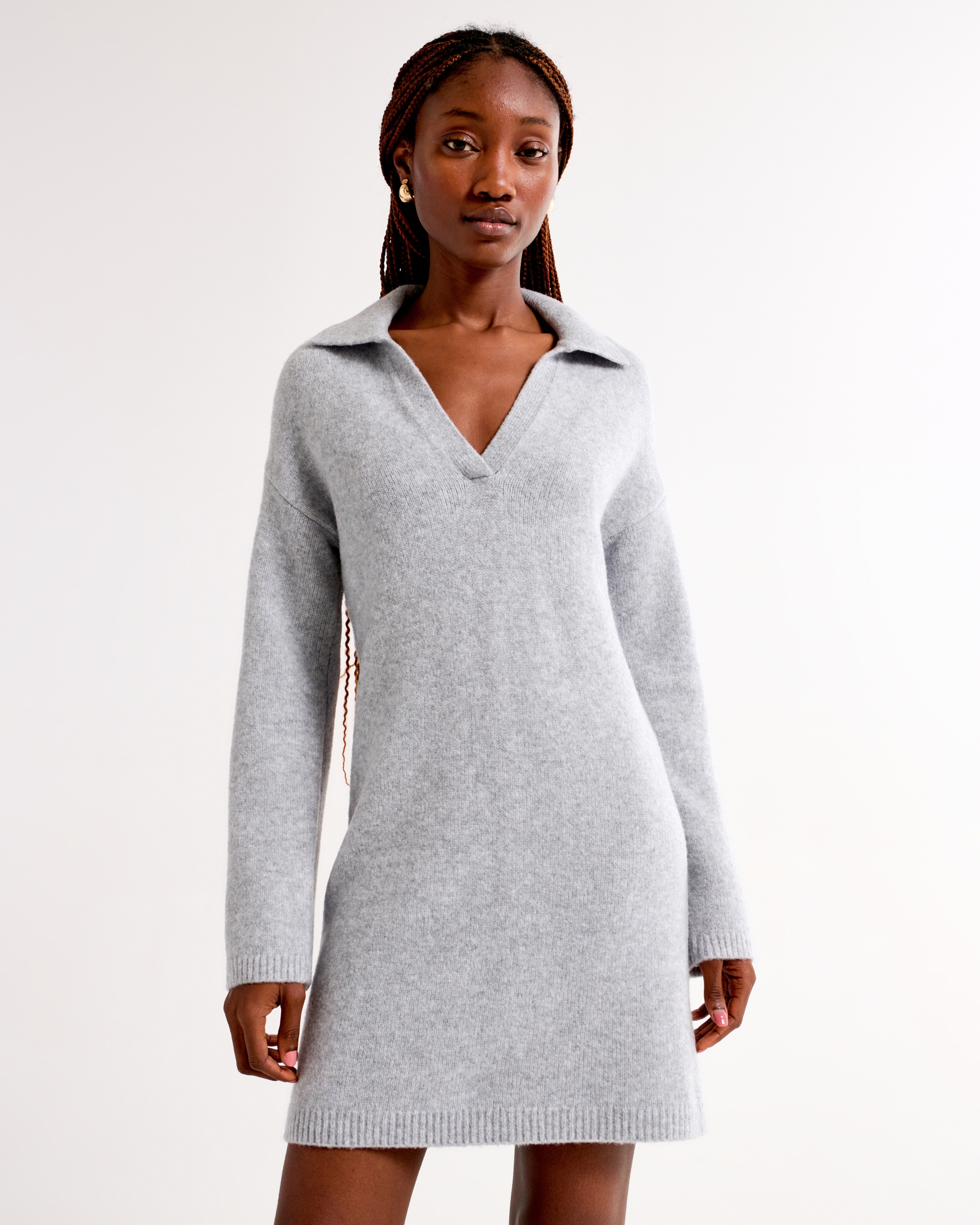Long-Sleeve Collared Mini Sweater Dress