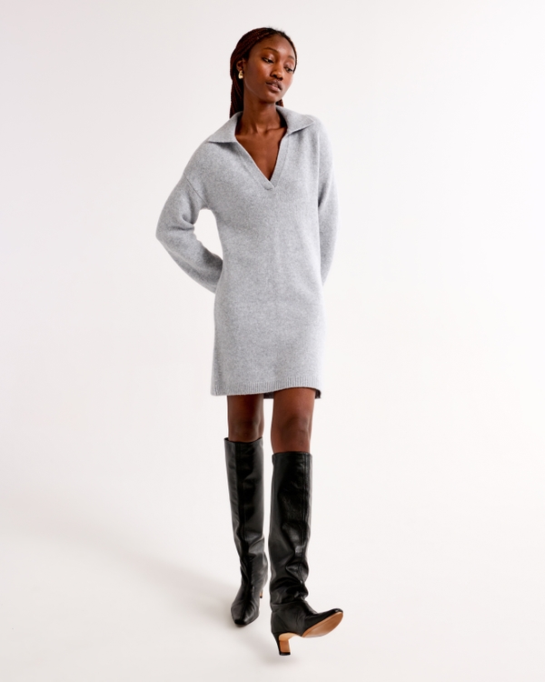 Long-Sleeve Collared Mini Sweater Dress, Gray view 2