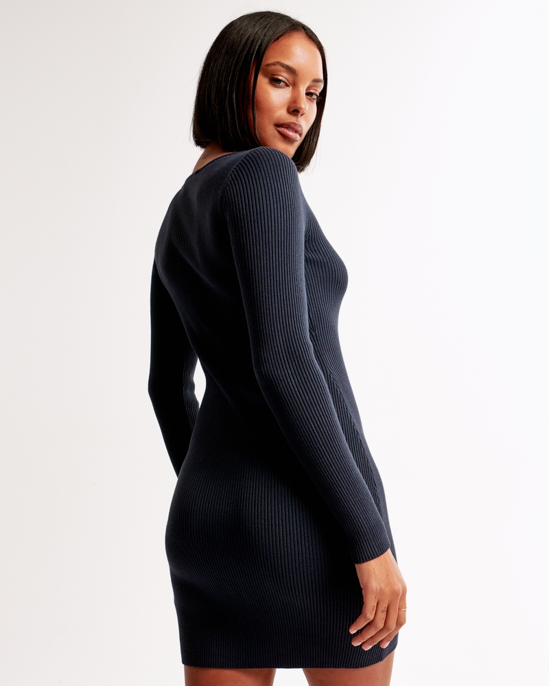 Long-Sleeve Deep-V Mini Sweater Dress