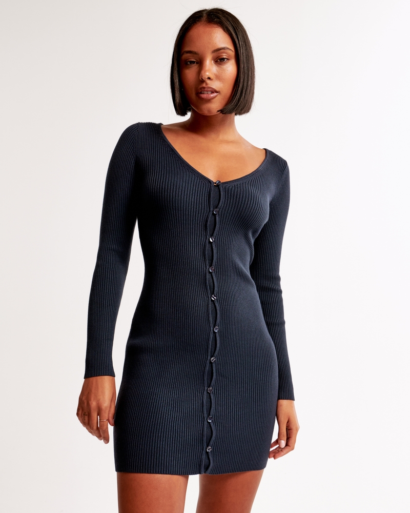 Long-Sleeve Deep-V Mini Sweater Dress