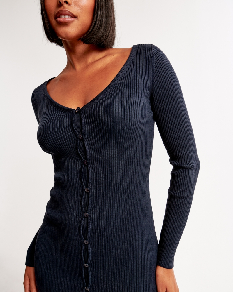 Long-Sleeve Deep-V Mini Sweater Dress