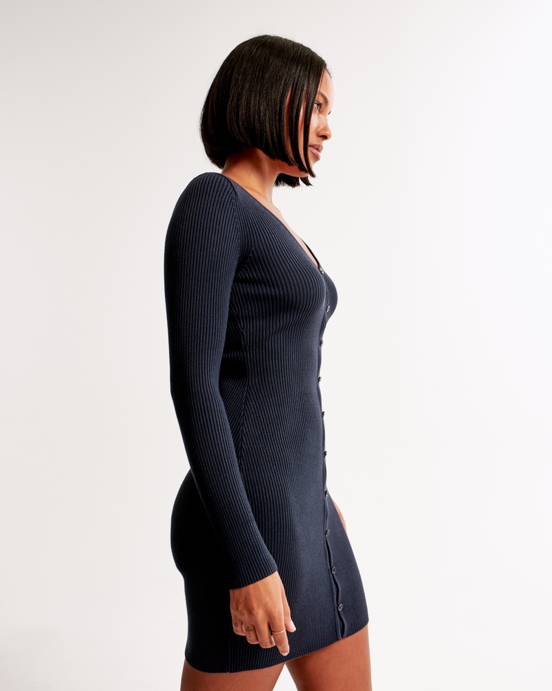 Long-Sleeve Deep-V Mini Sweater Dress