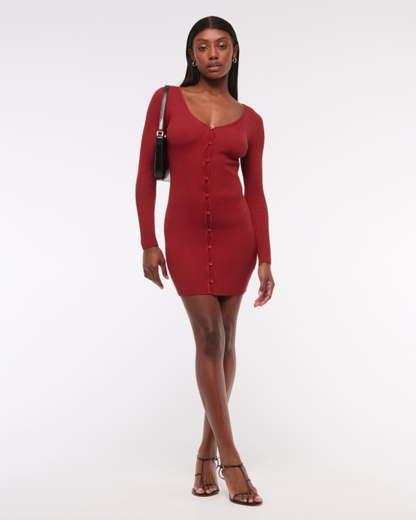 Long-Sleeve Deep-V Mini Sweater Dress, Rich Ruby