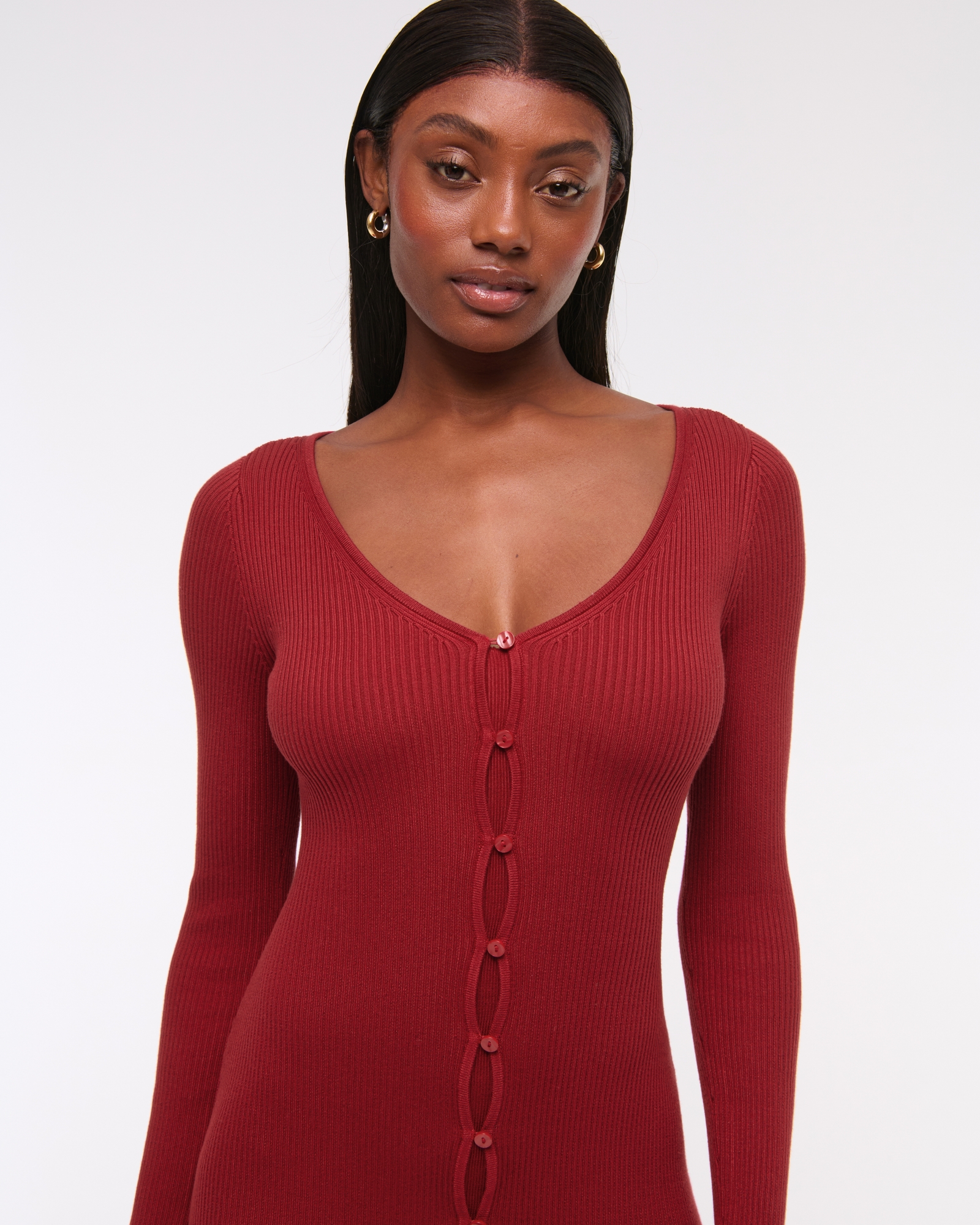 Long-Sleeve Deep-V Mini Sweater Dress