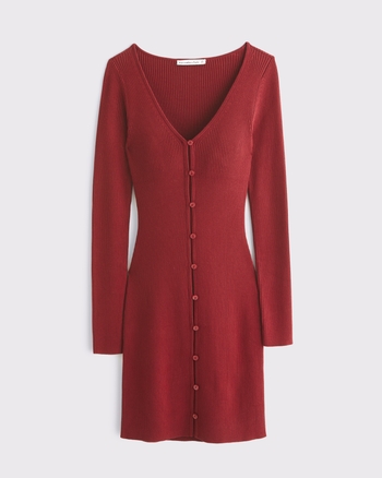 Long-Sleeve Deep-V Mini Sweater Dress