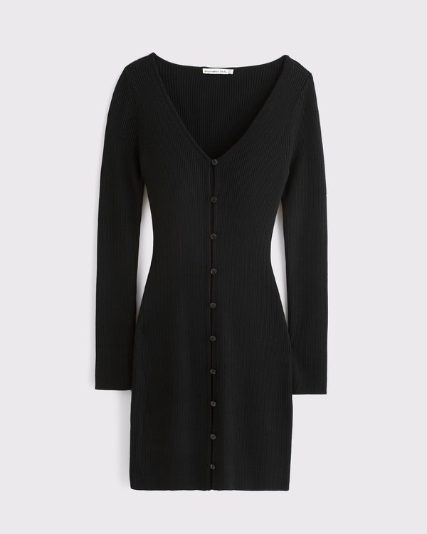 Long-Sleeve Deep-V Mini Sweater Dress, Black