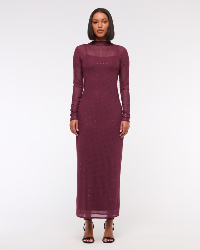 Long-Sleeve Rhinestone Mesh Maxi Dress