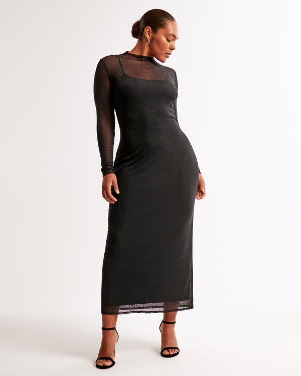 Long-Sleeve Rhinestone Mesh Maxi Dress, Black