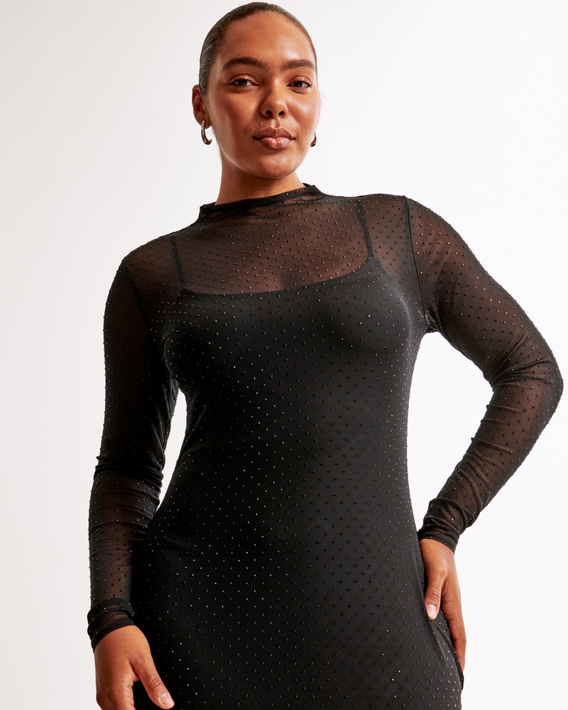 Long-Sleeve Rhinestone Mesh Maxi Dress