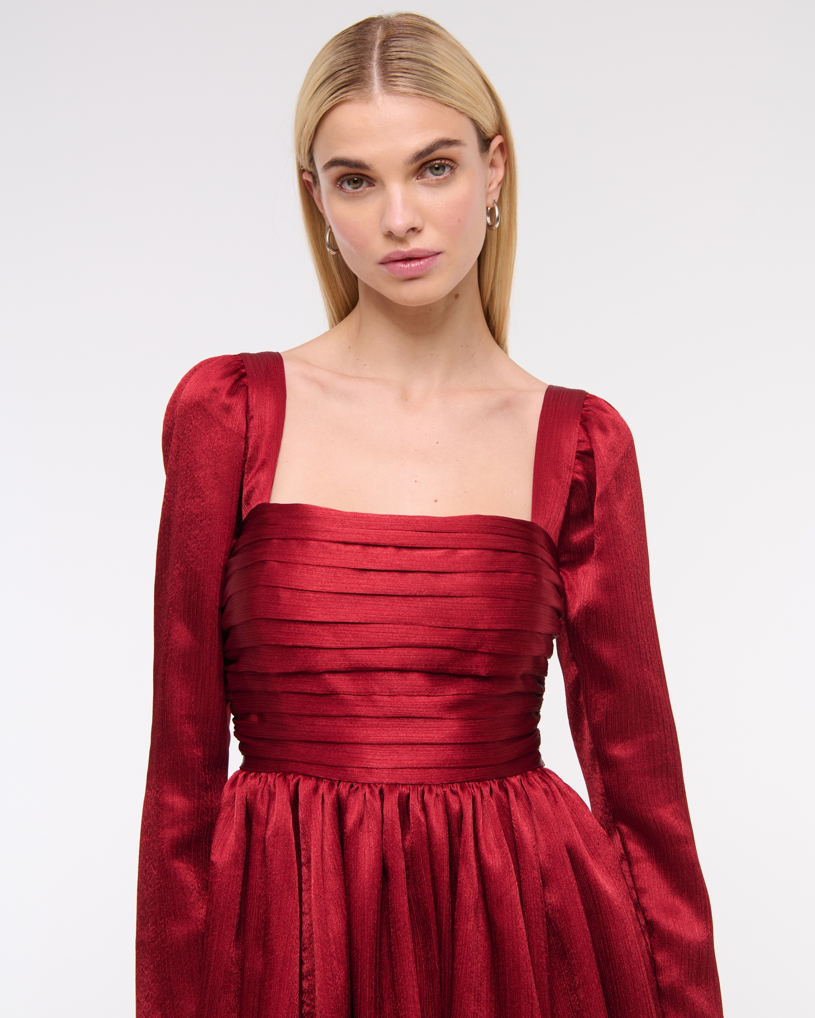 emerson satin long-sleeve mini dress Abercrombie & Fitch The A&F Emerson Bubble Hem Satin Mini Dress
