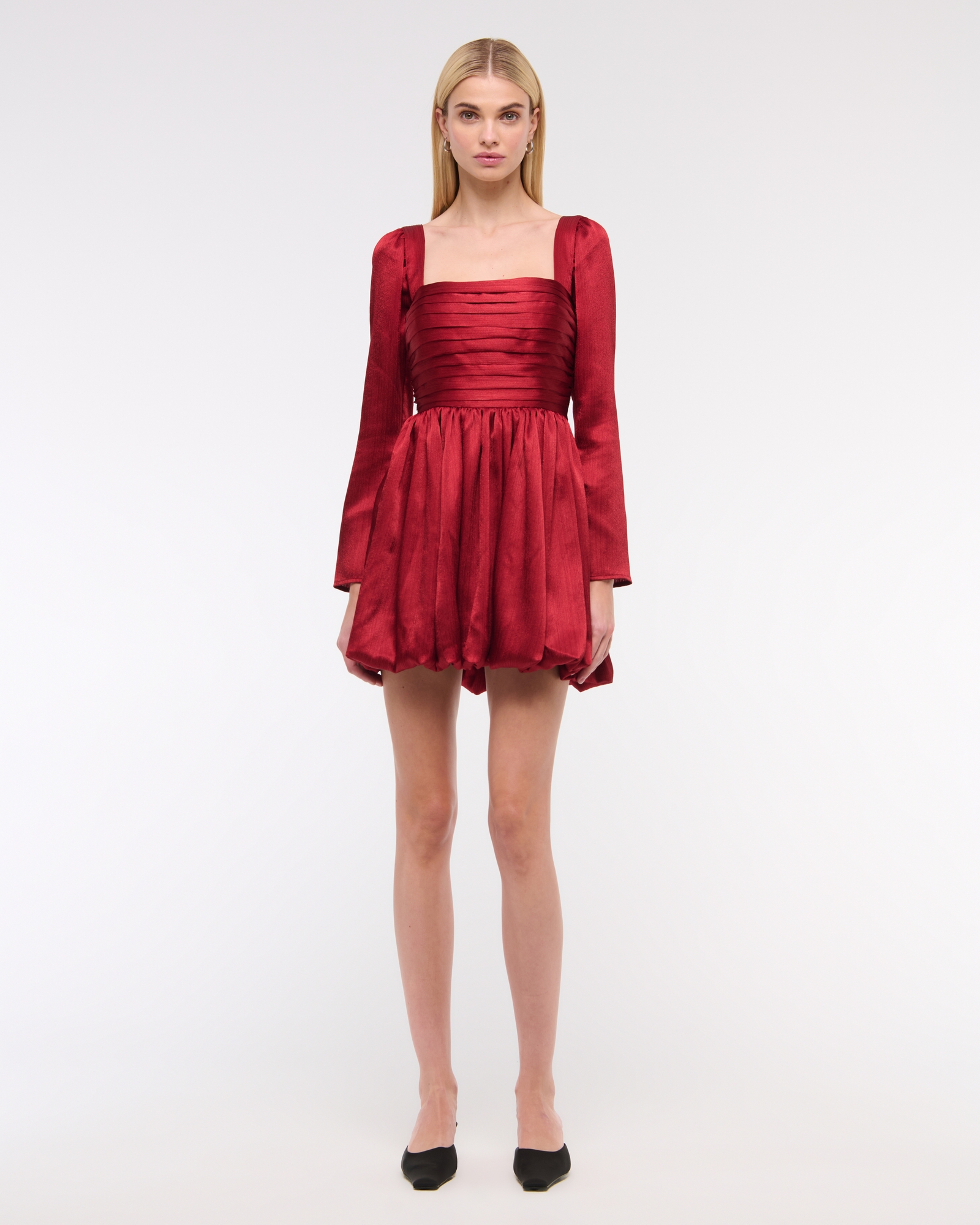 emerson satin long-sleeve mini dress Abercrombie & Fitch The A&F Emerson Bubble Hem Satin Mini Dress