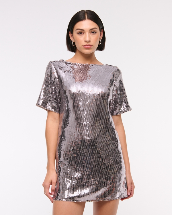 Sequin Tee Shift Mini Dress, Silver