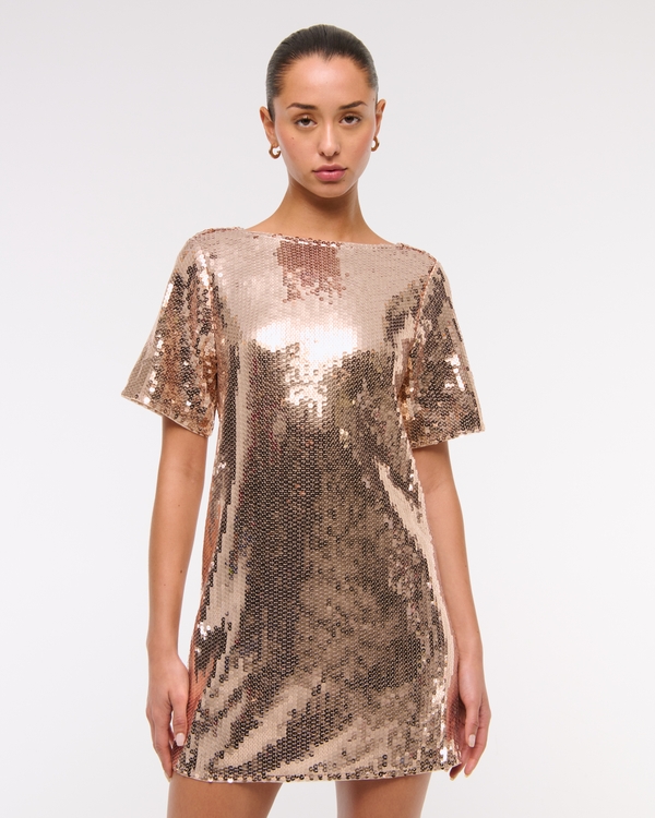 Sequin Tee Shift Mini Dress, Gold