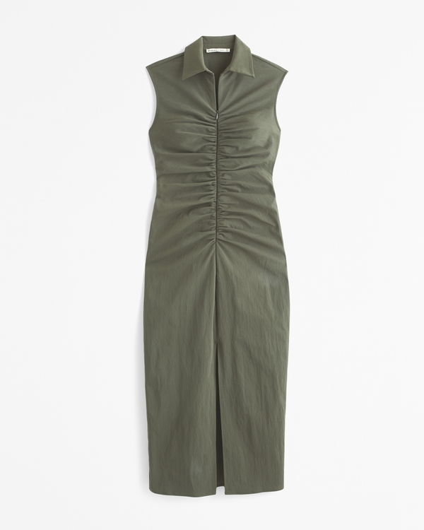 Collared Zip-Up Midi Dress, Green