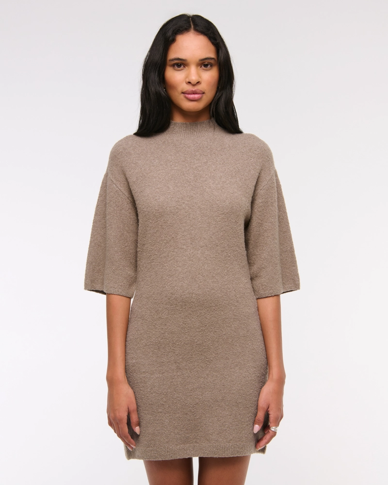 Short-Sleeve Boucle Mini Sweater Dress