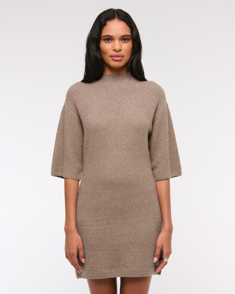 Short-Sleeve Boucle Mini Sweater Dress