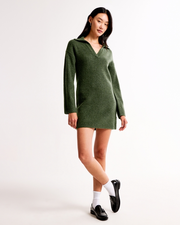 Long-Sleeve Collared Mini Sweater Dress, Green