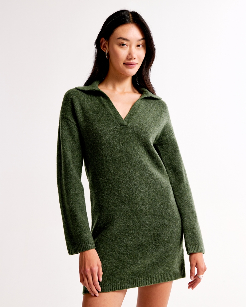 Long-Sleeve Collared Mini Sweater Dress