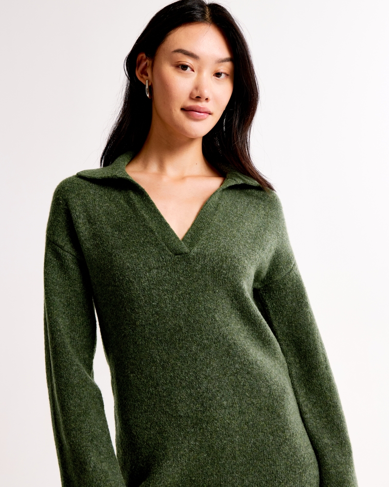 Long-Sleeve Collared Mini Sweater Dress