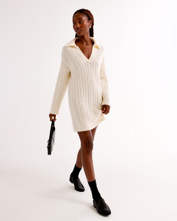 Long-Sleeve Collared Cable Mini Sweater Dress, Cream