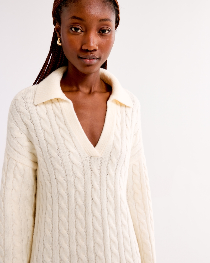 Women's Long-Sleeve Collared Cable Mini Sweater Dress Women's