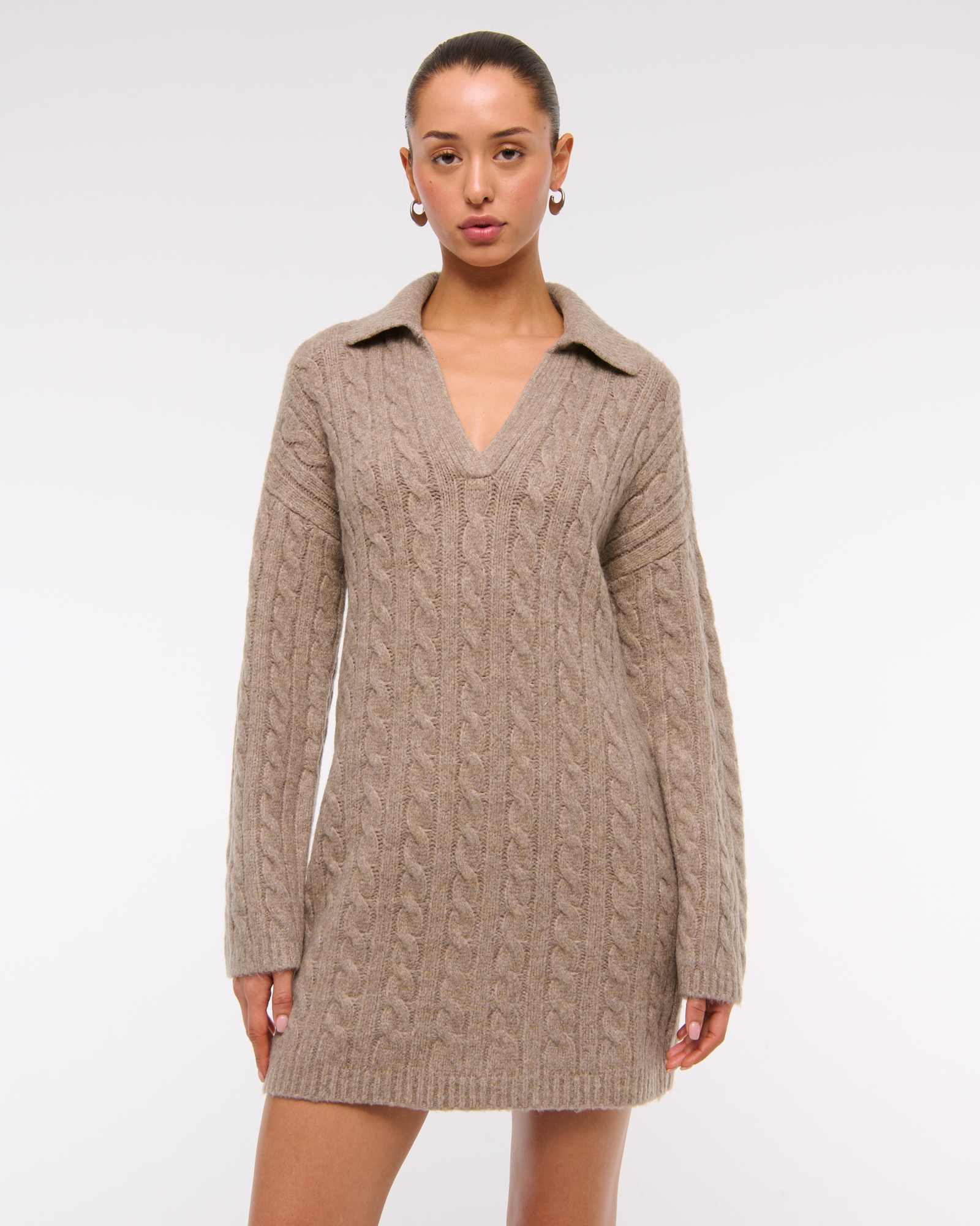Long-Sleeve Collared Cable Mini Sweater Dress